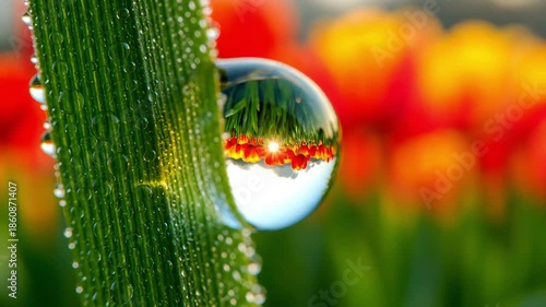Dewdrop Reflecting Vibrant Tulips on Green Grass in Morning Light