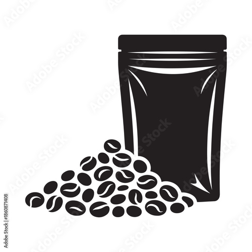 Black and white illustration of a coffee bean bag and spilled beans
