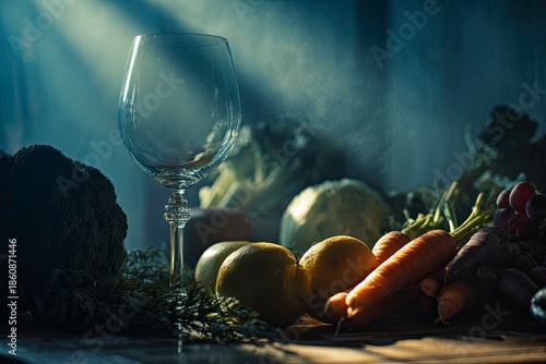 Elegant wine glass with vegetables in soft atmospheric lighting