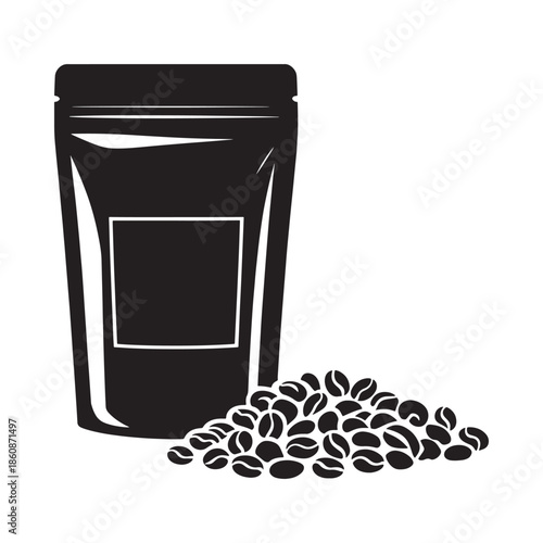 Black and white illustration of a coffee bag and scattered coffee beans