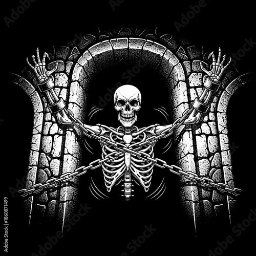 Skeleton chained in ancient stone archway with outstretched arms.