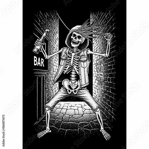 Skeleton partying hard with a beer bottle outside a bar.
