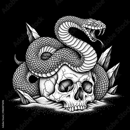 Detailed illustration of a coiled snake on a human skull.