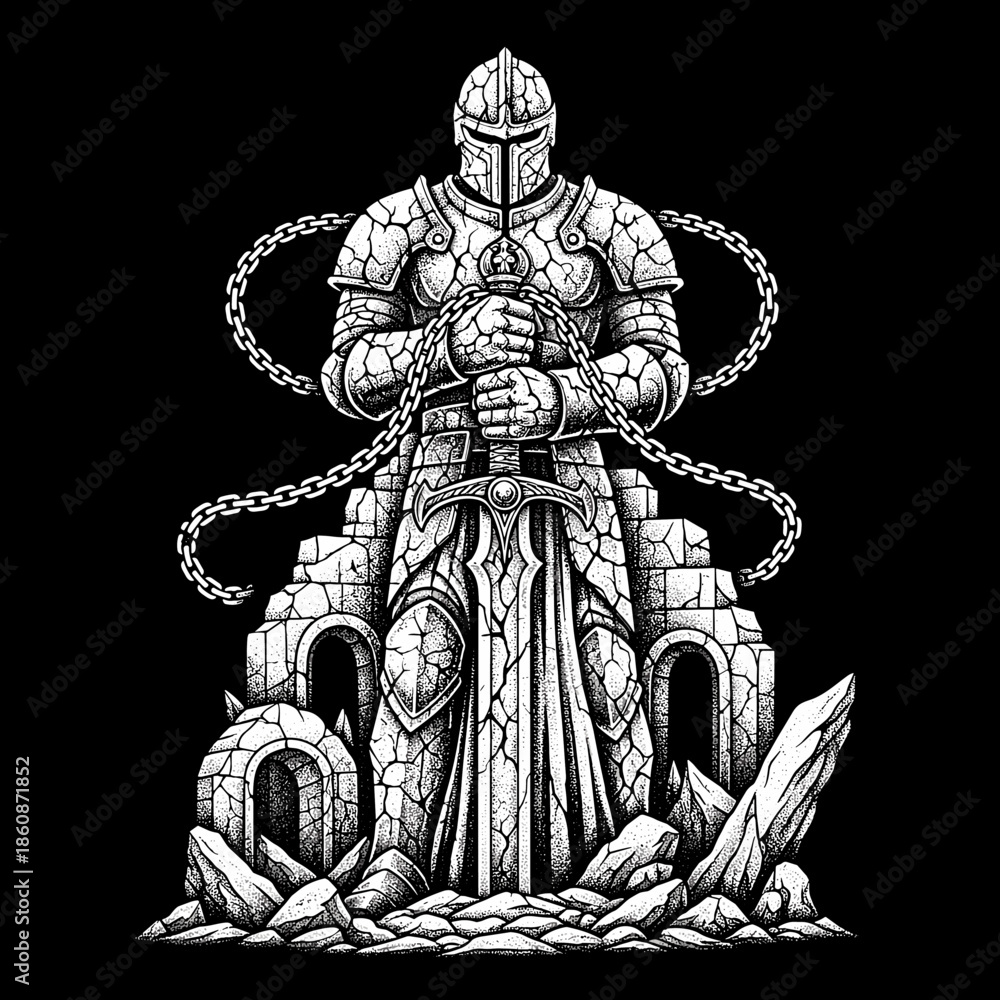 Fototapeta premium Ancient Stone Knight Warrior Statue Holding Sword and Chains.