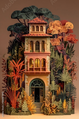 Colorful Paper Art Building Surrounded by Tropical Plants