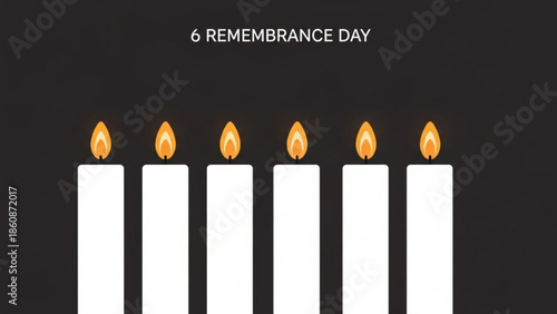Six white candles with lit flames on dark background for remembrance day, symbolizing hope and reflection