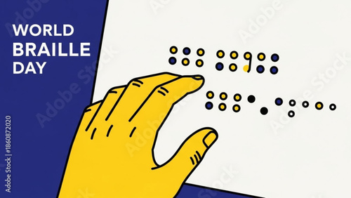 World braille day awareness illustration with hand reading tactile braille dots on white background