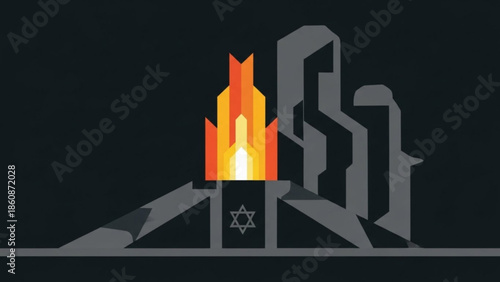 Holocaust memorial candle flame with star of david on black background with gray cityscape
