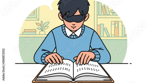 A boy with short dark hair wearing a blue sweater reading a braille book on a table in a classroom with a bookshelf and plant in the background