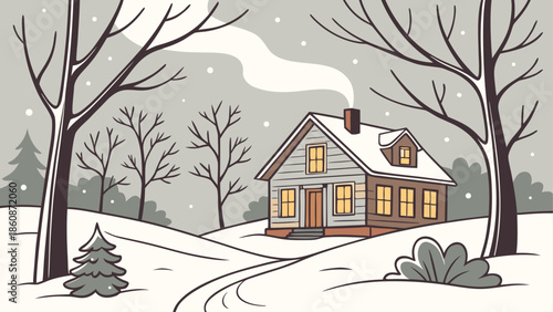 Cozy winter cottage in snowy landscape