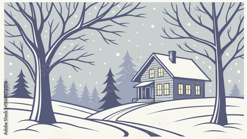 Snowy cabin in winter forest