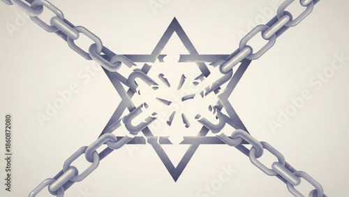 Shattered star symbol with broken chains, freedom and liberation concept, gray metallic on beige background