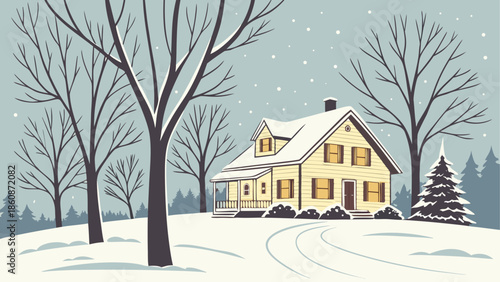 Cozy winter house in snowy landscape