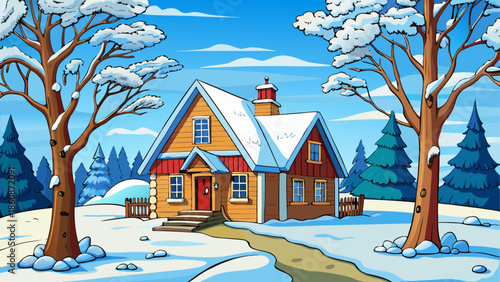 Cozy winter cottage in snowy forest