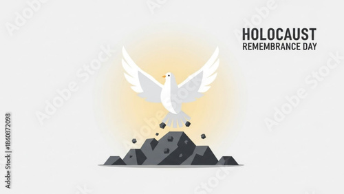 Holocaust remembrance day symbol white dove rising from dark ashes with wings spread wide on yellow background