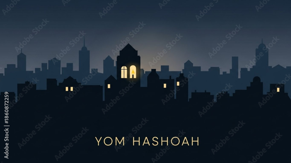 Naklejka premium Yom hashoah holocaust remembrance day cityscape at dusk with illuminated windows in dark buildings
