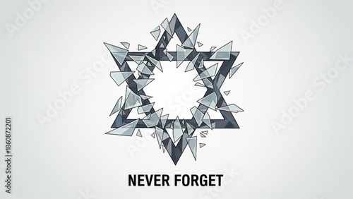 Shattered star shape with sharp fragments on white background, symbolizing destruction and chaos, never forget concept