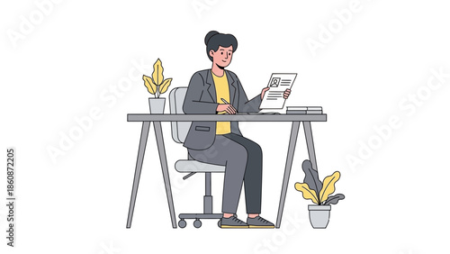 Professional Businesswoman Reading a Document at Her Office Desk in a Modern Workspace