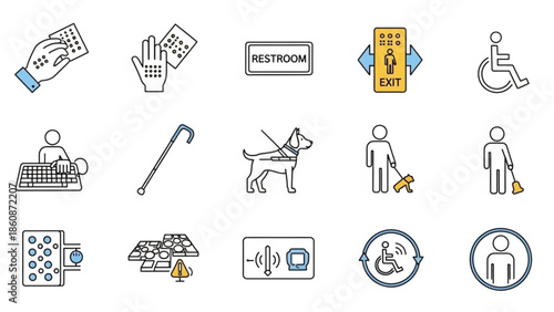Collection of 15 accessibility icons for people with disabilities, including symbols for handicap access, braille, guide dogs, and assistive technology devices