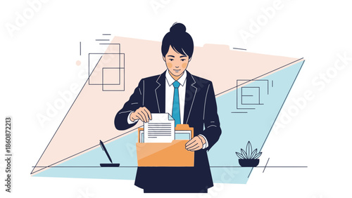Professional businesswoman organizing documents in an orange file folder at her workspace with