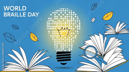 World braille day awareness illustration with lightbulb and books