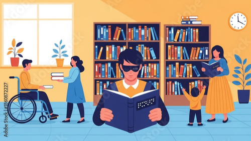 Diverse group of people reading books in a library with wheelchair accessibility and braille