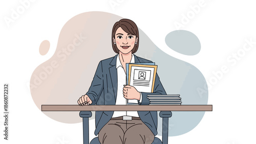 Professional businesswoman sitting at desk holding documents and smiling in a modern office