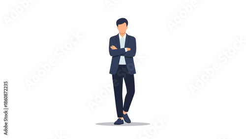 Professional businesswoman standing confidently with arms crossed in formal attire on a white