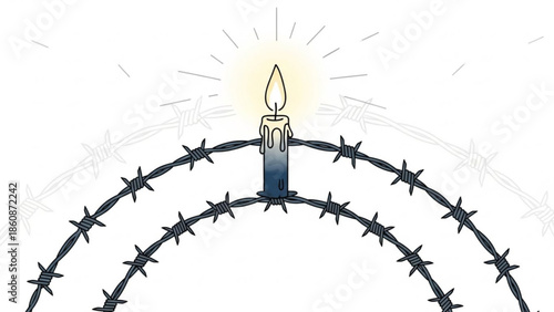 A lit candle on top of two arcs of barbed wire with a bright sunburst behind it symbolizing hope and freedom
