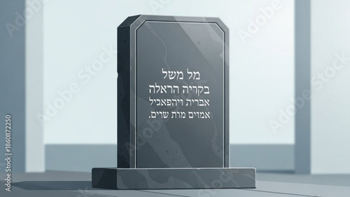 Hebrew gravestone with white text on dark gray marble, standing on a flat surface with a blurred background