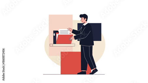Professional Male Office Worker Organizing Documents at Desk in Modern Workspace