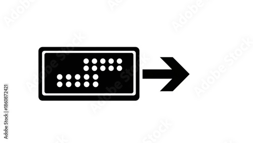 Braille sign with an arrow pointing to the right, indicating direction, accessibility symbol, black and white graphic, tactile signage, navigation aid, visual guide