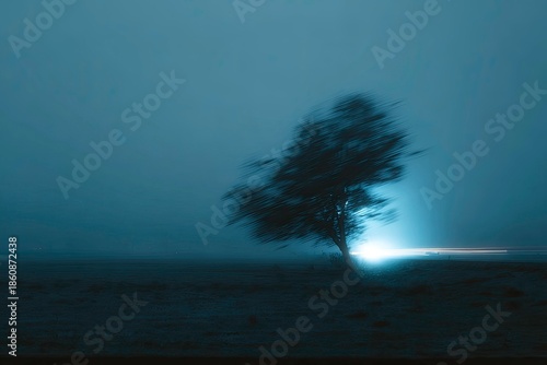 Lone silhouetted tree buffeted by wind on a foggy, moonlit night