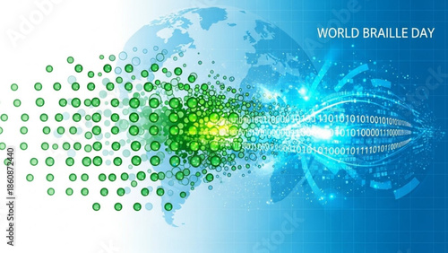 World braille day awareness concept with green dots and binary code on blue background representing accessibility and technology