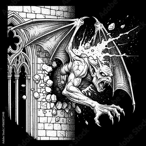 Fierce Gargoyle Emerging from Stone Architecture.