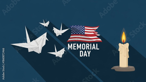 Memorial day usa, origami cranes flying with american flag and lit candle, symbolizing peace, remembrance, and tribute on a dark blue background with shadows