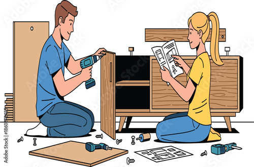 Couple assembling wooden furniture together at home, man using drill, woman reading manual, teamwork, DIY project, modern home improvement activity