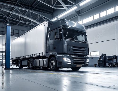 A large semi-truck is parked inside a spacious repair shop, with bright lighting and large doors. A lift is beside the cab