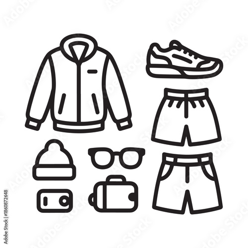 A collection of casual clothing items and accessories in a line art style