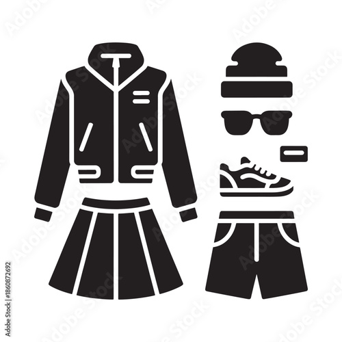 A collection of modern clothing items including jackets shorts and accessories