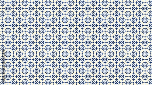 Seamless geometric pattern with blue circular motifs, dot and square details on a light yellow background. Clean, modern, and minimalist design. Ratio 16:9