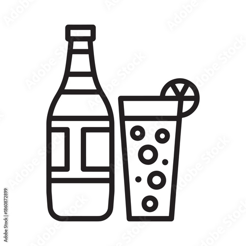A simple line drawing depicts a bottle and glass with citrus