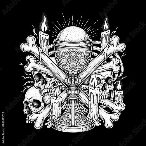 Gothic Chalice with Skulls and Bones Illustration.