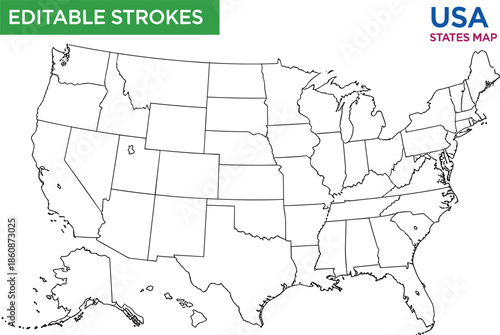 Blank USA states map with editable strokes, United States outline vector, administrative borders, geography educational chart, and country territory map.