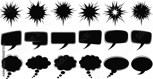 Black Comic Speech Bubbles Set, Vector Dialogue Clouds, Thought Bubbles, Action Bursts, Graphic Elements for Manga, Pop Art Illustration Silhouette Collection