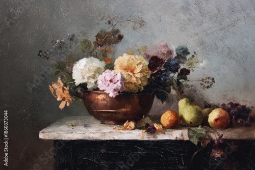 Vintage still life painting of flowers, fruit and vessel.