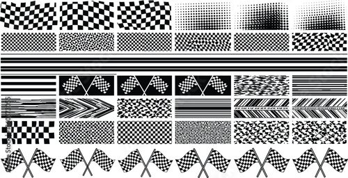 Racing checkered flags and speed stripe collection with monochrome rally patterns, finish line graphics, and automotive competition decals for sports design.