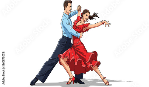 Couple dancing together, passionate tango performance, ballroom dance, elegant red dress, Latin dance style, romantic movement, cultural expression, graceful partner choreography