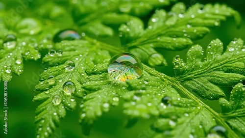 Lush Green Fern Leaf with Sparkling Water Droplets After Rain