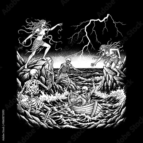 Skeletons and mythical creatures battling stormy seas under lightning.